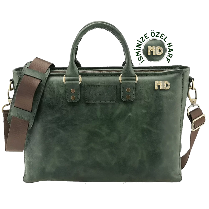 İsme Özel Günlük Kullanım El Omuz Evrak Laptop Çantası - %100 Deri - AC09004 - Haki