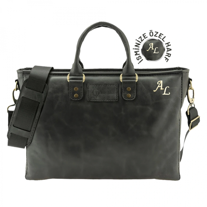İsme Özel Günlük Kullanım El Omuz Evrak Laptop Çantası - %100 Deri - AC09004 - Antrasit