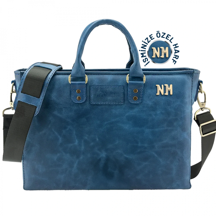 İsme Özel Günlük Kullanım El Omuz Evrak Laptop Çantası - %100 Deri - AC09004 - Saks Mavisi