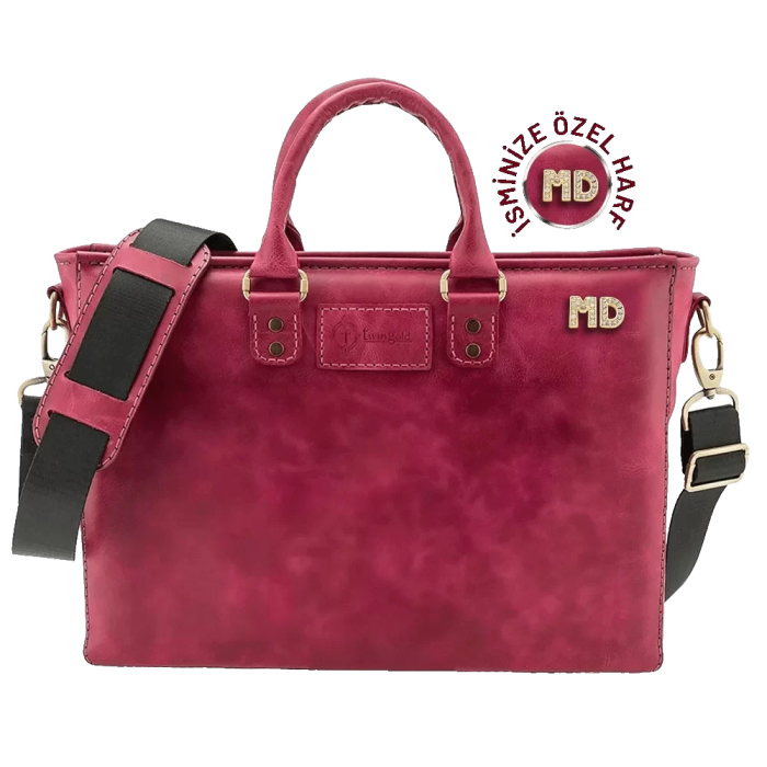 İsme Özel Günlük Kullanım El Omuz Evrak Laptop Çantası - %100 Deri - AC09004 - Fuşya