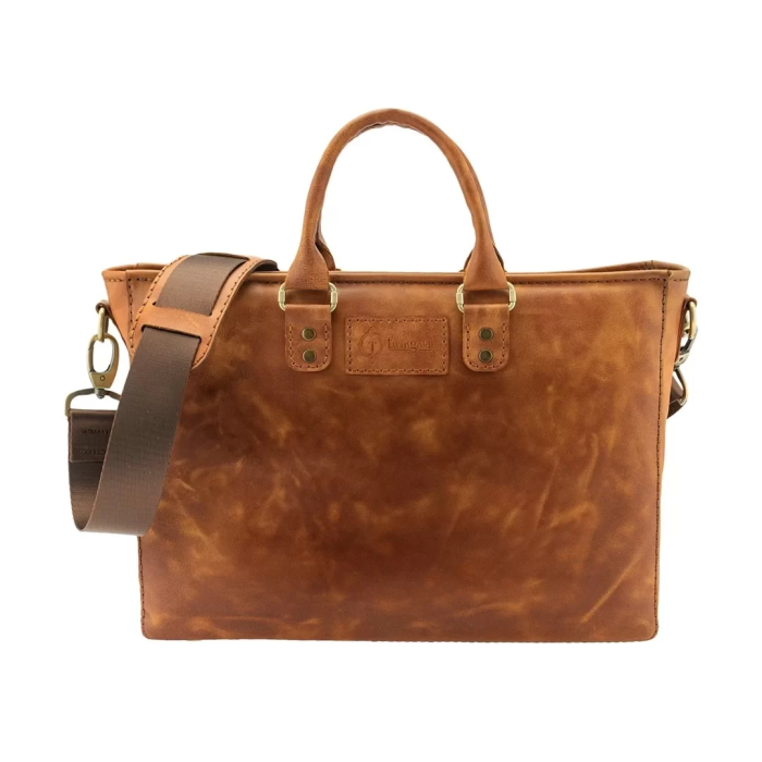 İsme Özel Günlük Kullanım El Omuz Evrak Laptop Çantası - %100 Deri - AC09004 - Camel