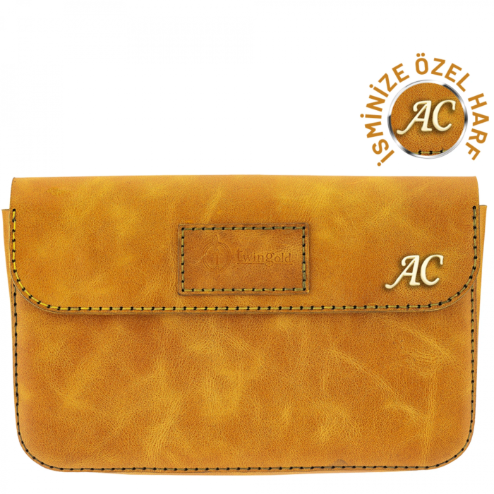 İsme Özel Çıtçıtlı Küçük El Çantası - %100 Rainbow Deri - AC14001 - Hardal Sarısı