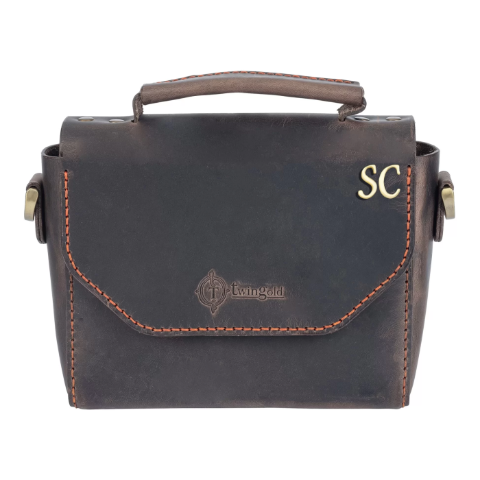 İsme Özel Çıtçıtlı Küçük Boy Zincirli El Omuz Çantası - %100 Crazy Deri - AC14003 - Kahverengi