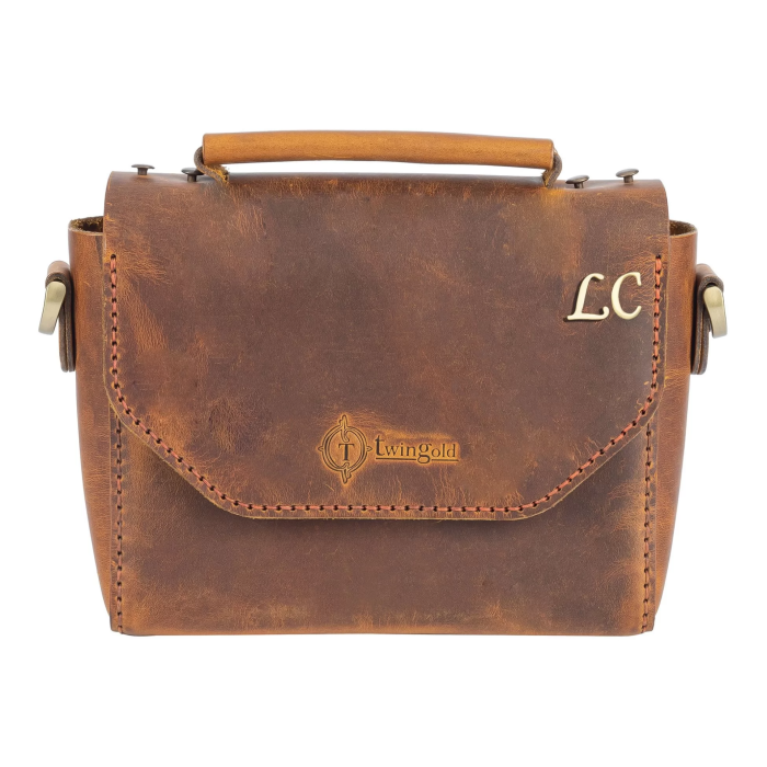 İsme Özel Çıtçıtlı Küçük Boy Zincirli El Omuz Çantası - %100 Crazy Deri - AC14003 - Taba