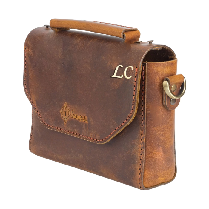 İsme Özel Çıtçıtlı Küçük Boy Zincirli El Omuz Çantası - %100 Crazy Deri - AC14003 - Taba