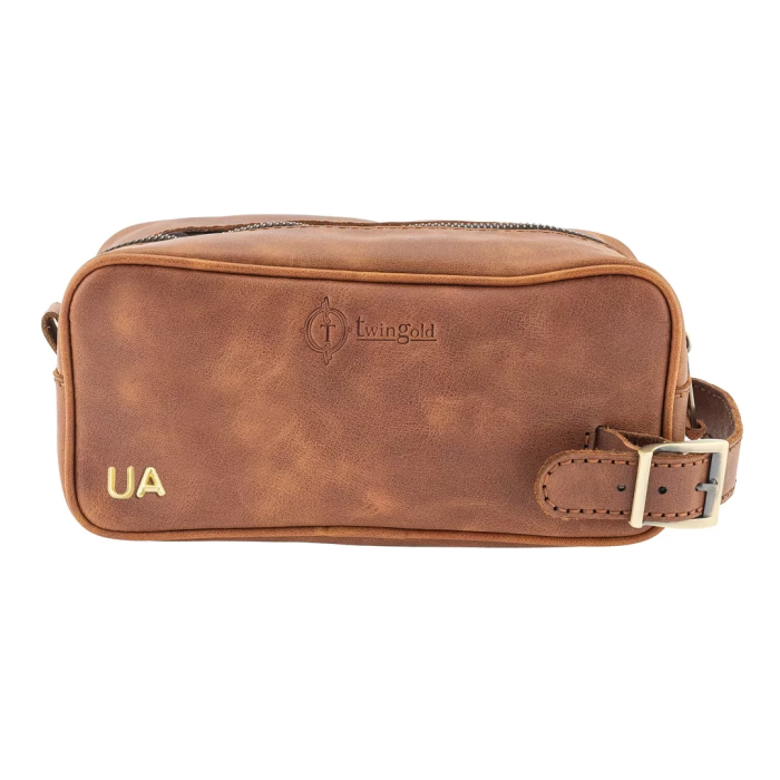 İsme Özel Dopp Kit Kişisel Bakım ve Seyahat Çantası - %100 Rainbow Deri - AC14004 - Kahverengi