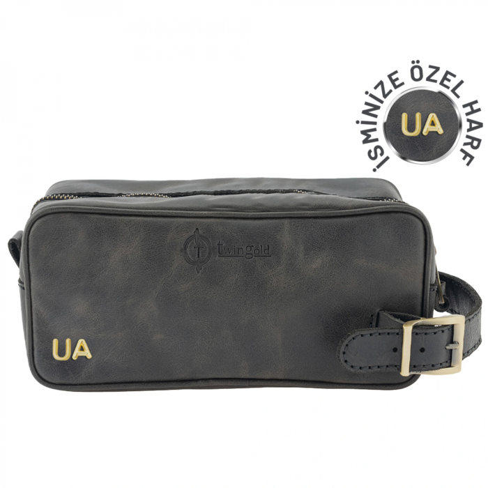 İsme Özel Dopp Kit Kişisel Bakım ve Seyahat Çantası - %100 Rainbow Deri - AC14004 - Antrasit
