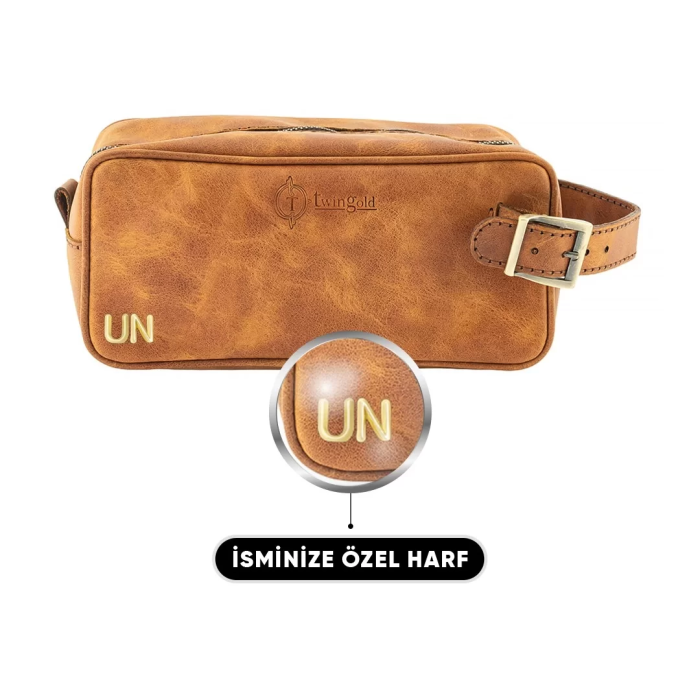 İsme Özel Dopp Kit Kişisel Bakım ve Seyahat Çantası - %100 Rainbow Deri - AC14004 - Camel