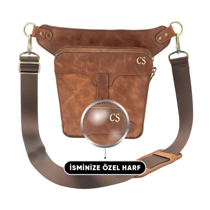 İsme Özel All in One Bel ve Bacak Çantası - %100 Deri - AC15001 - Kahverengi