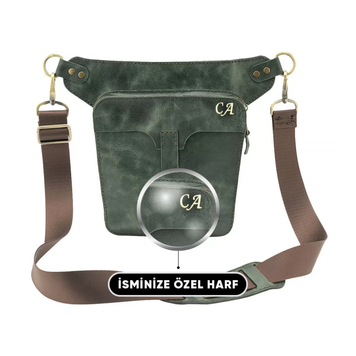 İsme Özel All in One Bel ve Bacak Çantası - %100 Deri - AC15001 - Haki