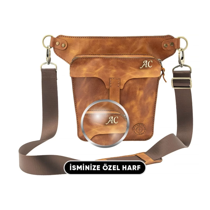 İsme Özel All in One Bel ve Bacak Çantası - %100 Deri - AC15001 - Camel