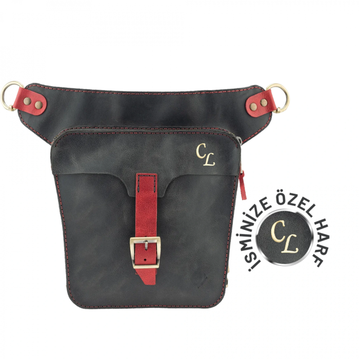 İsme Özel All in One Bel ve Bacak Çantası - %100 Deri - AC15001 - Kırmızı/Antrasit