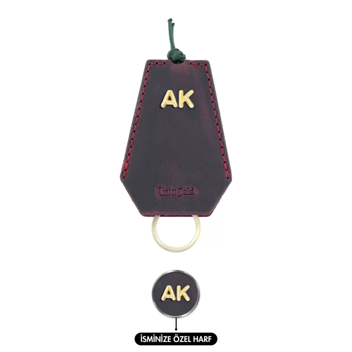 İsme Özel İpli Anahtarlık - % 100 Crazy Deri - AG01002 - Bordo
