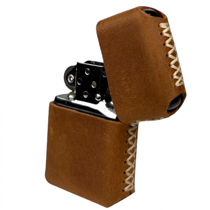 Handmade El Yapımı Hakiki Deri Zippo Modeli Çakmak - AG02001 - Açık Kahverengi