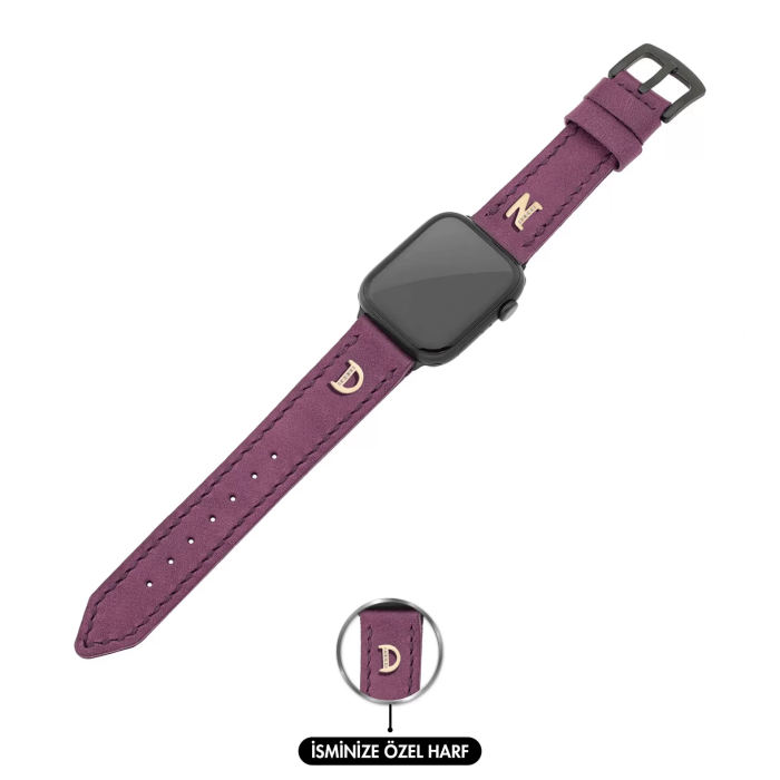 İsme Özel El Dikişli Apple Watch Saat Kordonu - %100 Çift Kat Deri - AG03001 - Mor