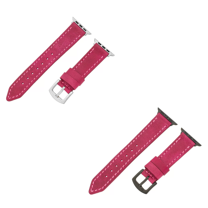 İsme Özel El Dikişli Apple Watch Saat Kordonu - %100 Çift Kat Deri - AG03001 - Fuşya