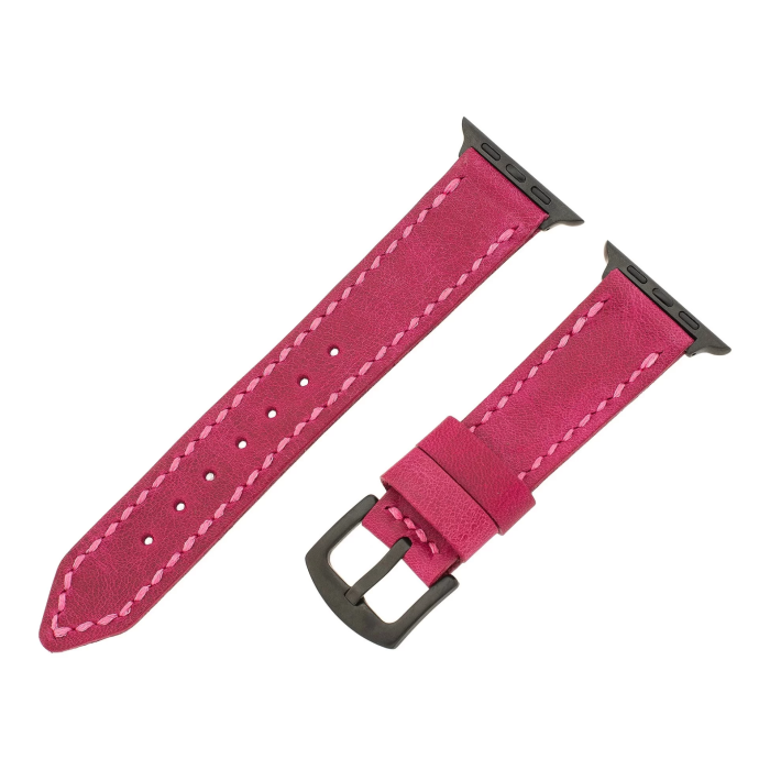 İsme Özel El Dikişli Apple Watch Saat Kordonu - %100 Çift Kat Deri - AG03001 - Fuşya