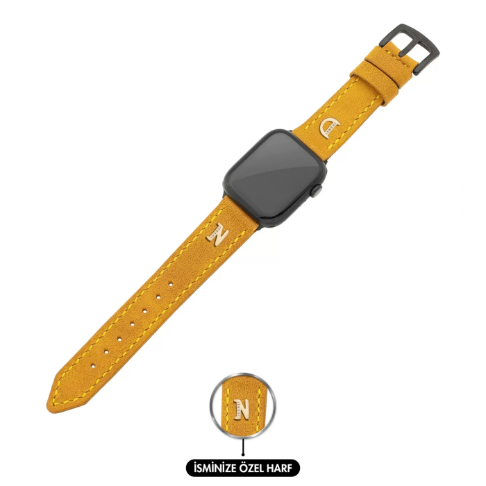 İsme Özel El Dikişli Apple Watch Saat Kordonu - %100 Çift Kat Deri - AG03001 - Hardal Sarısı