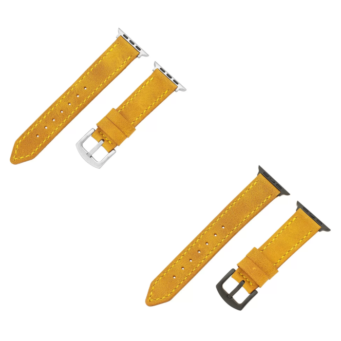 İsme Özel El Dikişli Apple Watch Saat Kordonu - %100 Çift Kat Deri - AG03001 - Hardal Sarısı