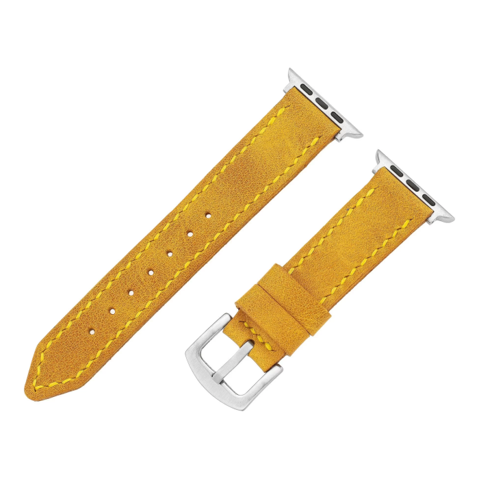 İsme Özel El Dikişli Apple Watch Saat Kordonu - %100 Çift Kat Deri - AG03001 - Hardal Sarısı