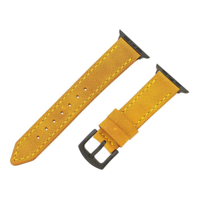 İsme Özel El Dikişli Apple Watch Saat Kordonu - %100 Çift Kat Deri - AG03001 - Hardal Sarısı