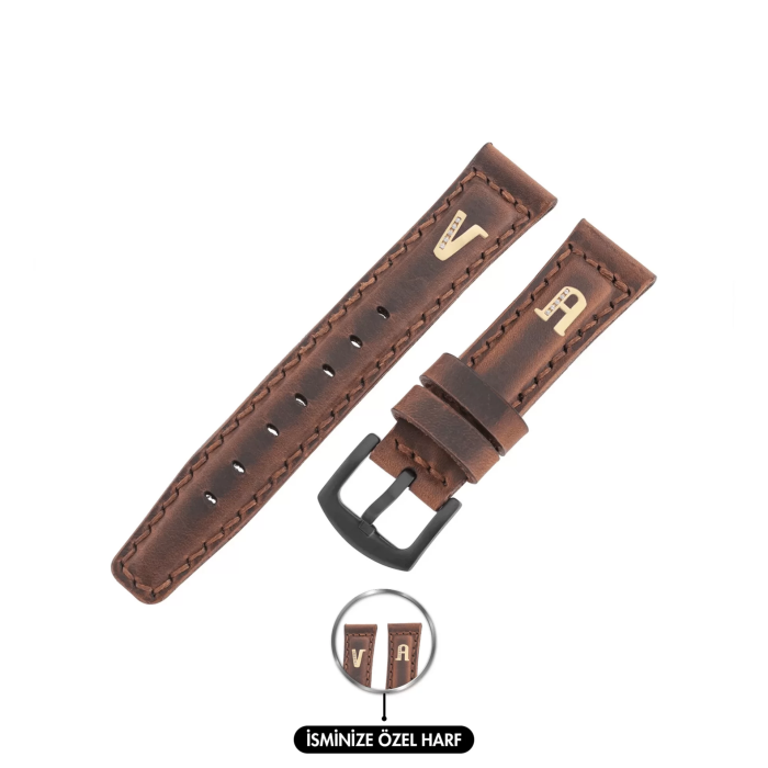 İsme Özel El Dikişli Saat Kordonu - %100 Crazy Deri - AG03002 - Kahverengi