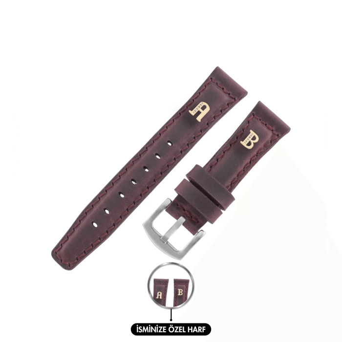 İsme Özel El Dikişli Saat Kordonu - %100 Crazy Deri - AG03002 - Bordo