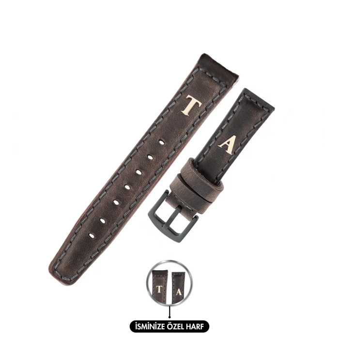 İsme Özel El Dikişli Saat Kordonu - %100 Crazy Deri - AG03002 - Antrasit