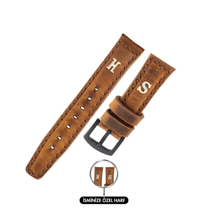 İsme Özel El Dikişli Saat Kordonu - %100 Crazy Deri - AG03002 - Taba
