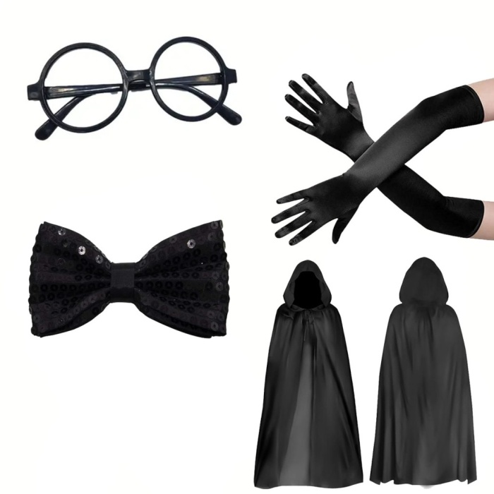 Siyah Kapüşonlu Büyücü ve Cadı Pelerin Kostüm Seti (4 Parça)