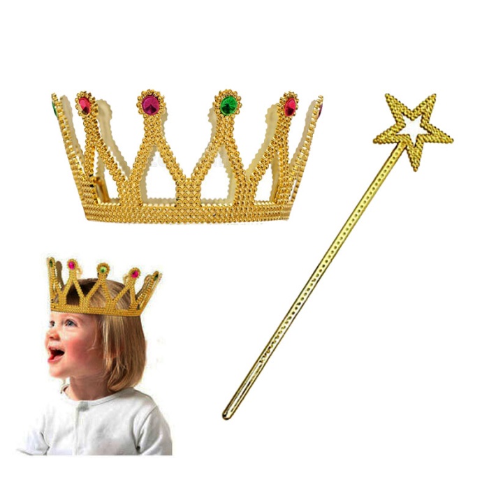 Çocuk Boy Kraliçe Prenses Tacı ve Yıldız Peri Asası Altın Renk