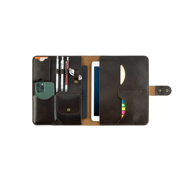 İsme Özel Çıtçıtlı Fonksiyonlu iPad Organizer - %100 Tiesto Deri - ET01003 - Koyu Kahverengi