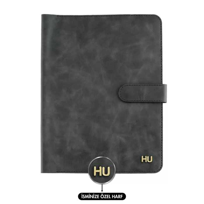 İsme Özel Çıtçıtlı Fonksiyonlu Macbook Organizer - %100 Rainbow Deri - ET02001 - Antrasit