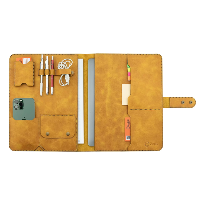 İsme Özel Çıtçıtlı Fonksiyonlu Macbook Organizer - %100 Rainbow Deri - ET02001 - Hardal Sarısı