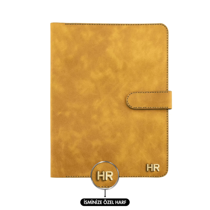 İsme Özel Çıtçıtlı Fonksiyonlu Macbook Organizer - %100 Rainbow Deri - ET02001 - Hardal Sarısı