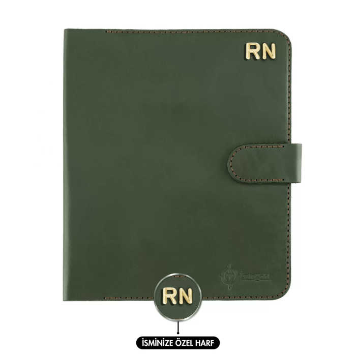 İsme Özel Çıtçıtlı Fonksiyonlu Macbook Organizer - %100 Tiesto Deri - ET02003 - Haki