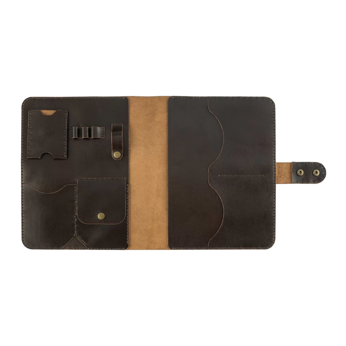 İsme Özel Çıtçıtlı Fonksiyonlu Macbook Organizer - %100 Tiesto Deri - ET02003 - Koyu Kahverengi