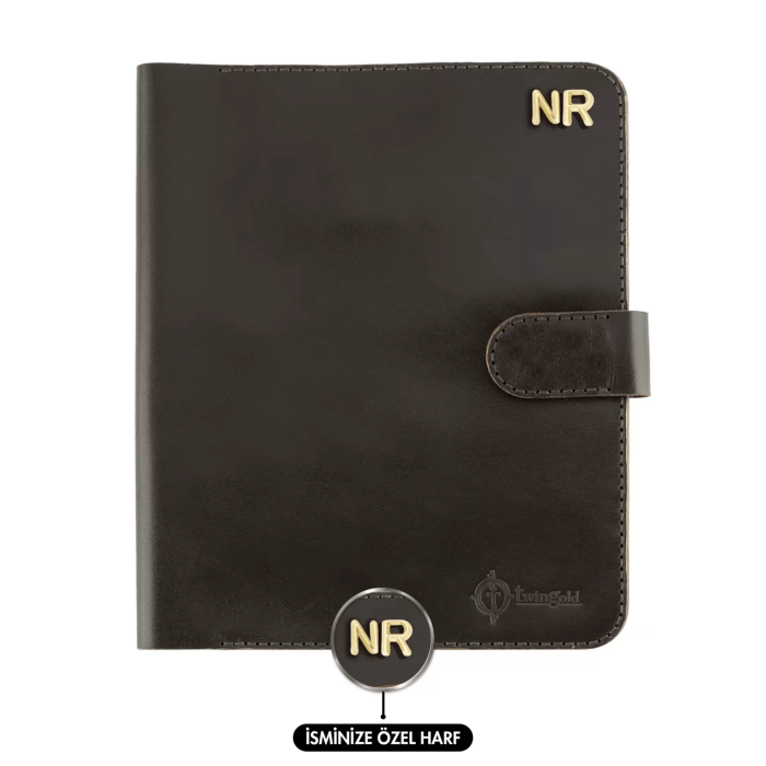 İsme Özel Çıtçıtlı Fonksiyonlu Macbook Organizer - %100 Tiesto Deri - ET02003 - Koyu Kahverengi