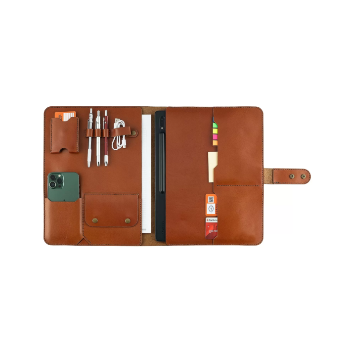 İsme Özel Çıtçıtlı Fonksiyonlu Macbook Organizer - %100 Tiesto Deri - ET02003 - Tobacco