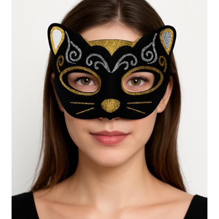 Kadife Dokulu Sim Detaylı Işıltılı Kedi Maskesi Altın Gümüş 20x13 cm