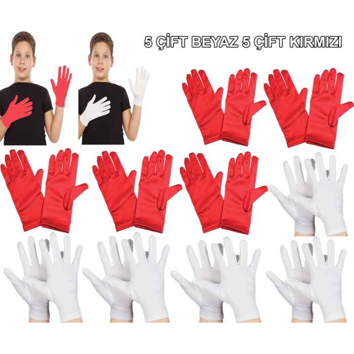 Çocuk Gösteri Eldiven Seti – 5 Çift Beyaz &amp; 5 Çift Kırmızı
