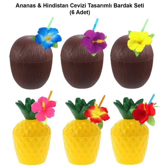 Ananas&Hindistan Cevizi Tasarımlı Pipetli Bardak Seti (6 Adet)