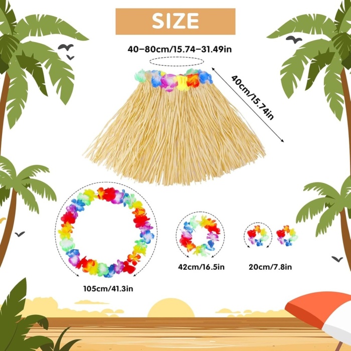 Yetişkin Çocuk Hawaii Parti Seti - 40 cm Naturel Etek + Çiçek Aksesuarlar (5 Parça) NessiWorld