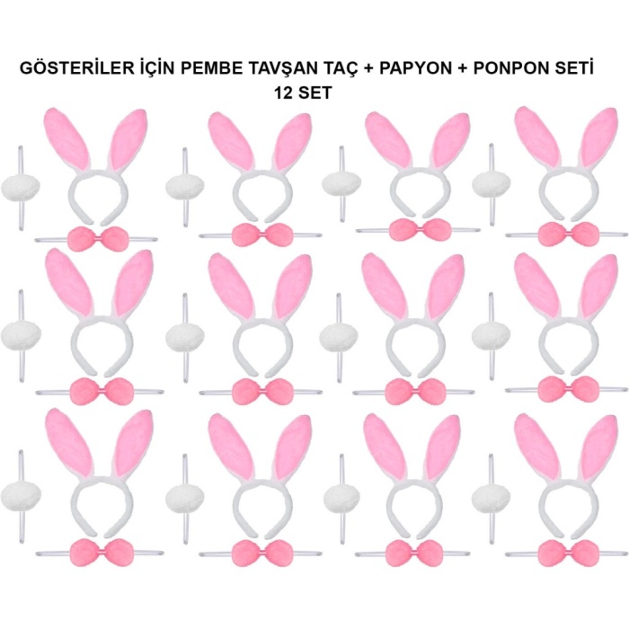 Pembe Tavşan Kostüm Seti – Taç, Papyon, Ponpon (12’li Paket)