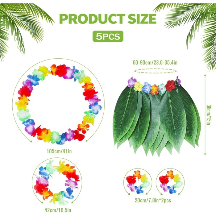 Çocuk Hawaii Kostüm Seti - Yaprak Etek &amp; Hawaii Set - 5 Parça