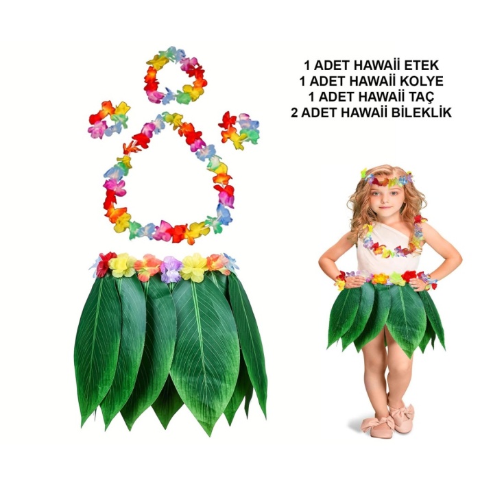 Çocuk Hawaii Kostüm Seti - Yaprak Etek &amp; Hawaii Set - 5 Parça