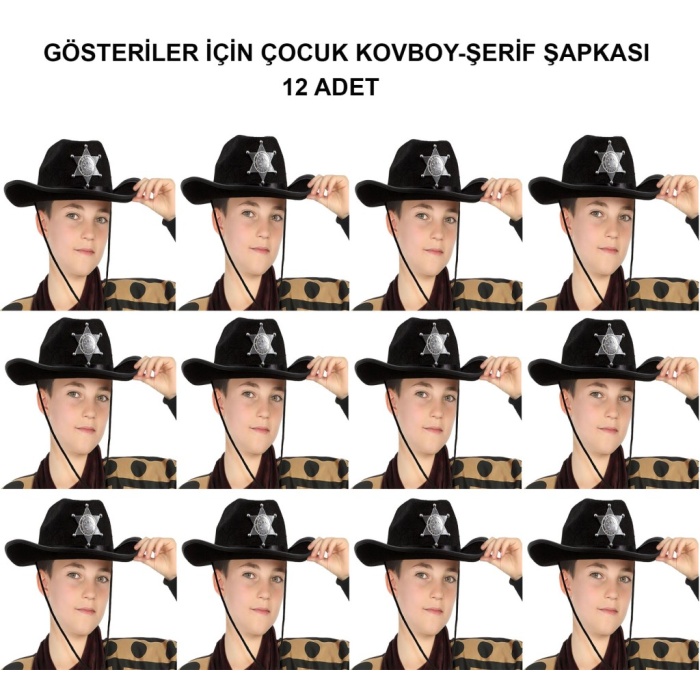 Kovboy Şerif Şapkası Siyah 12 Adet - Kostüm, Parti ve Gösteri Şapkası