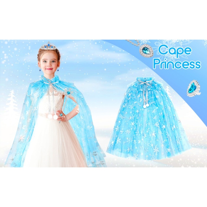 Karlar Ülkesi Elsa Frozen Mavi Pelerin – 80 cm Kar Desenli Çocuk Pelerini ( Taç Hariç )