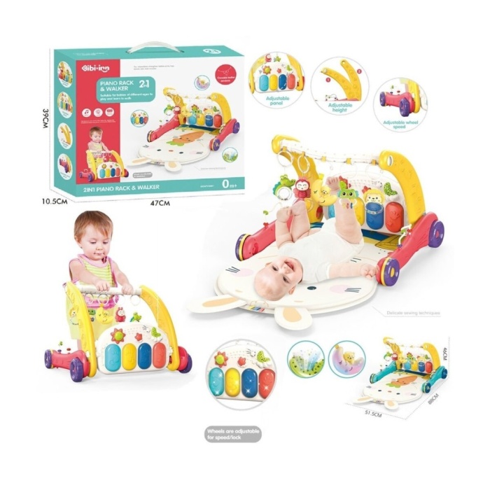 BIB6016- Vardem Piyanolu Bebek Yürüteci ve Tavşan Desenli Kırmızı Oyun Halısı  2 in 1