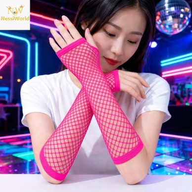 80’ler 90’lar Retro Neon Fuşya Şeker Pembesi File Parmaksız Eldiven 26 cm